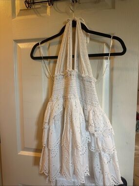 LoveShackFancy White Eyelet Halter Mini Dress